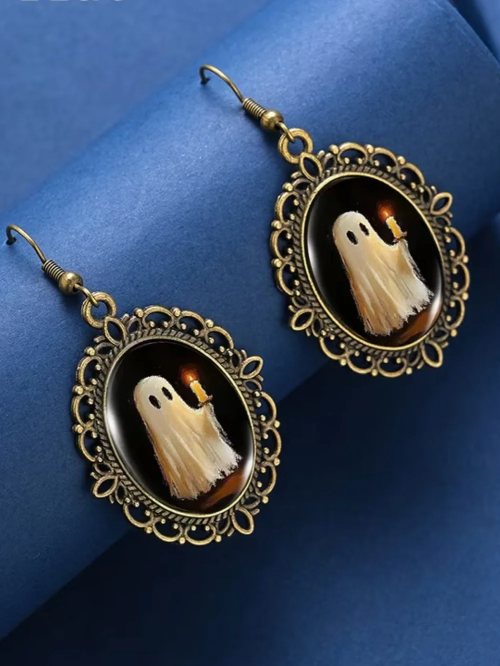 Antique Bronze Ghost Drop Earrings - White Ghost with Candle